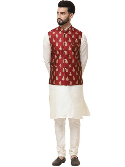 SOJANYA (Since 1958) Men's Silk Blend Kurta Pyjama With Nehrujacket Set