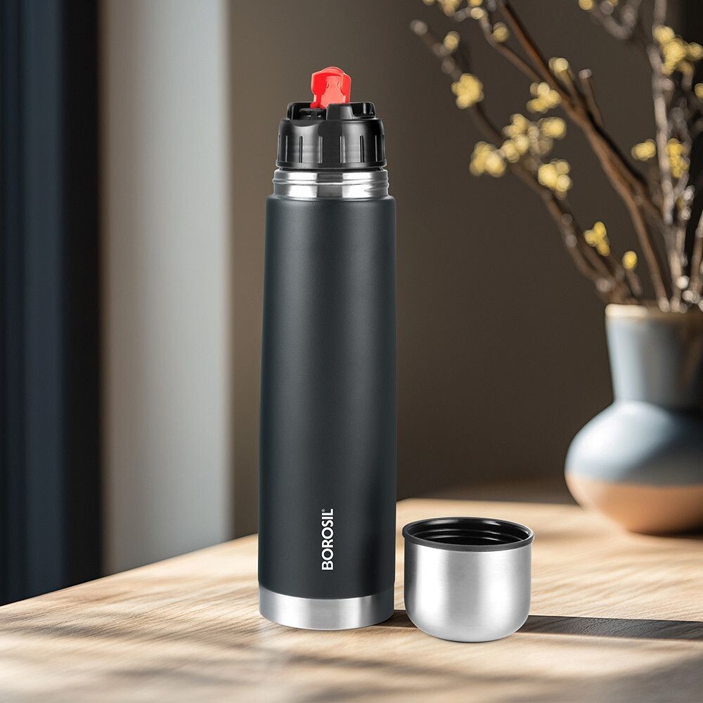 BOROSIL 24 Hours Hot & Cold Thermo Double Wall Vaccum Insulated Steel Flask Bottle 1000 ml Steel Flask (Pack of 1, Black)  - 3 pack at ₹897 + 39 Supercoins 