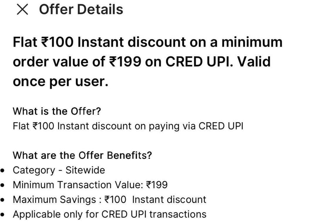 Flipkart x CRED - Flat Rs 100 of min payment of 199 