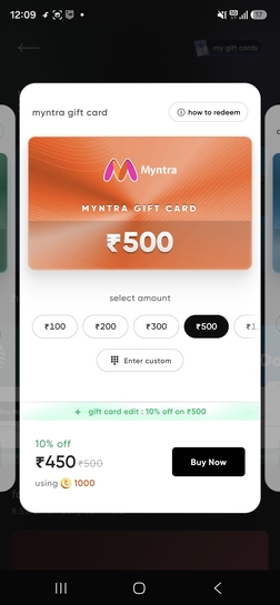 CRED Offer: Myntra ₹500 Gift Card for ₹450 (Flat 10% OFF)