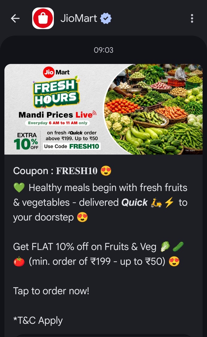 JioMart Fresh Hours – 10% OFF on Fruits & Vegetables  upto ₹50🥬