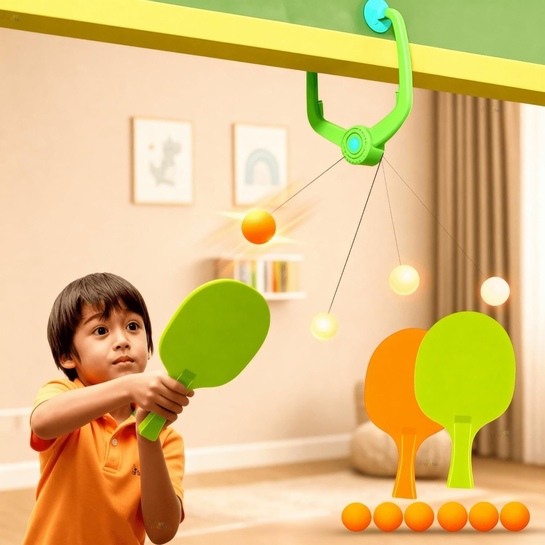 Door Hanging Table Tennis Trainer Set | 2 Paddles 5 Balls | Indoor | Kids Age 5-14 | Easy Mount