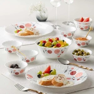 Larah by Borosil Pack of 17 Opalware Dahlia Galaxy Series Crockery for Dining & Gifting Dinner Set (Pink, Microwave Safe)
