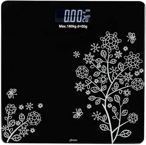 Digital Body Weight Scale with LCD Display, Tempered Glass Platform, Floral Pattern, Accurate Bathroom Weighing Machine, Black