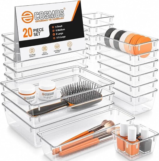 E-COSMOS® 20-Pack Transparent Drawer Organizers, Durable Polypropylene Storage Boxes, Multi-Purpose Divider Trays for Dressing Table, Vanity, Kitchen, and Office