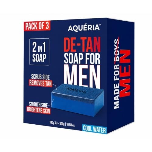 Aqueria De-Tan & Brightening 2-in-1 Bath Soap for Men | Cool Water Perfume | Scrub Side for Tan Removal & Gentle Exfoliation | Smooth Side for Skin Brightening & Hydration | 300g (Pack of 3) 