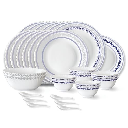 Larah by Borosil Jazzblue Fluted Series Opalware Dinner Set | 33 Pieces for Family of 6 | Plates & Bowls | White