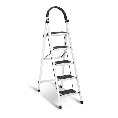 Sulfar Foldable 5-Step Ladder With Wide Anti-Slip Pedal - Sturdy Steel Folding Step Stool for Home, Kitchen, Garden, Office - Adults