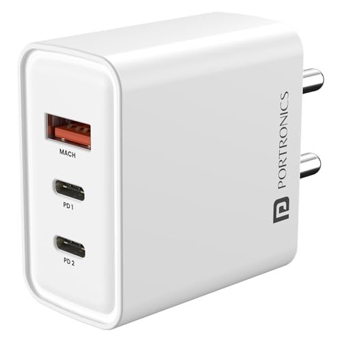 Portronics 65W Adapto 65M Triple Port Fast Charging Laptop Adaptor, 2 x Type C PD Port,1 x USB-A Port, Compatible with Laptops, Smartphones, Tablets, MacBooks, iPads(White)
