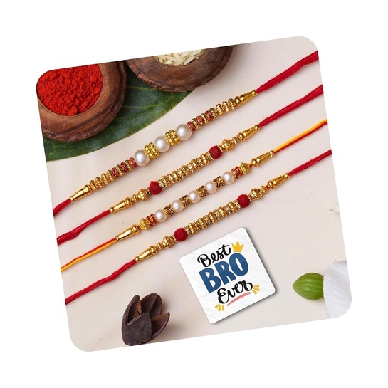 eCraftIndia Diamond Pearl Beads Designer Rakhi Set of 4 | Red Golden White | Roli Chawal | Magnet