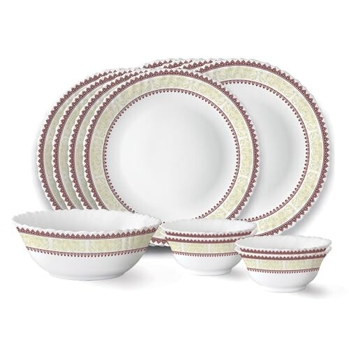 Larah by Borosil Elega Fluted Series Opalware Dinner Set Of 4 Full Plate, 4 Quarter Plates, 4 Veg Bowls and 1 Serving Bowl | Bone-Ash Free Crockery Set for Dining Table (White, 13 Pieces)