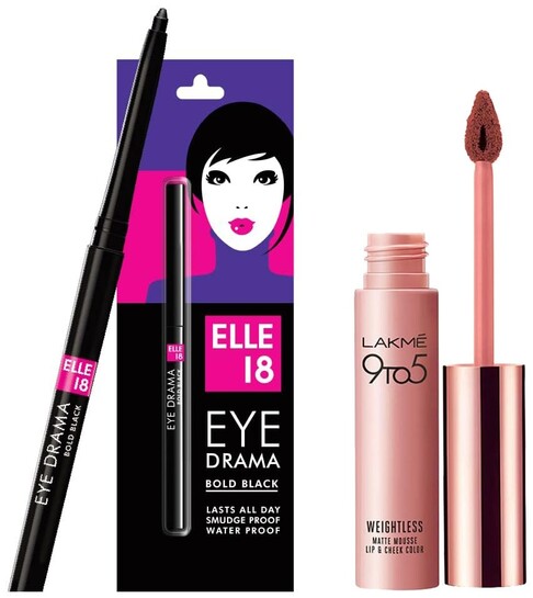 LAKMÉ 9 To 5 Weightless Mousse Lip & Cheek Color & Elle 18 Eye Drama Kajal combo
