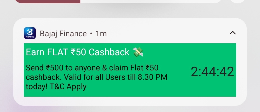 Bajaj finserv loot - 50rs cashback on 500rs upi payment (P2P /self) 