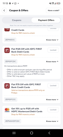 Zepto Offer: Flat ₹125 OFF on Orders Above ₹599 with IDFC FIRST Debit Card