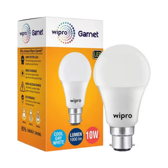 Instamart - Wipro Garnet 10W Led Bulb For Home & Office |Cool Day White (6500K) | B22 Base|220 Degree Light Coverage |4Kv Surge Protection