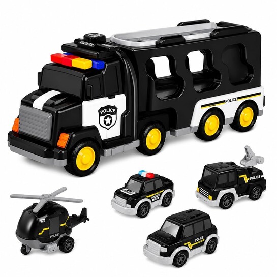 [Rakshabandhan Gift] 5-in-1 Police Carrier Truck | Big Friction Powered Truck Toy with Lights, Siren & Sound | Police Car Set with Fire Truck, Ambulance, Helicopter | Birthday Gift Set for Boys, Girls 3-10 Yrs