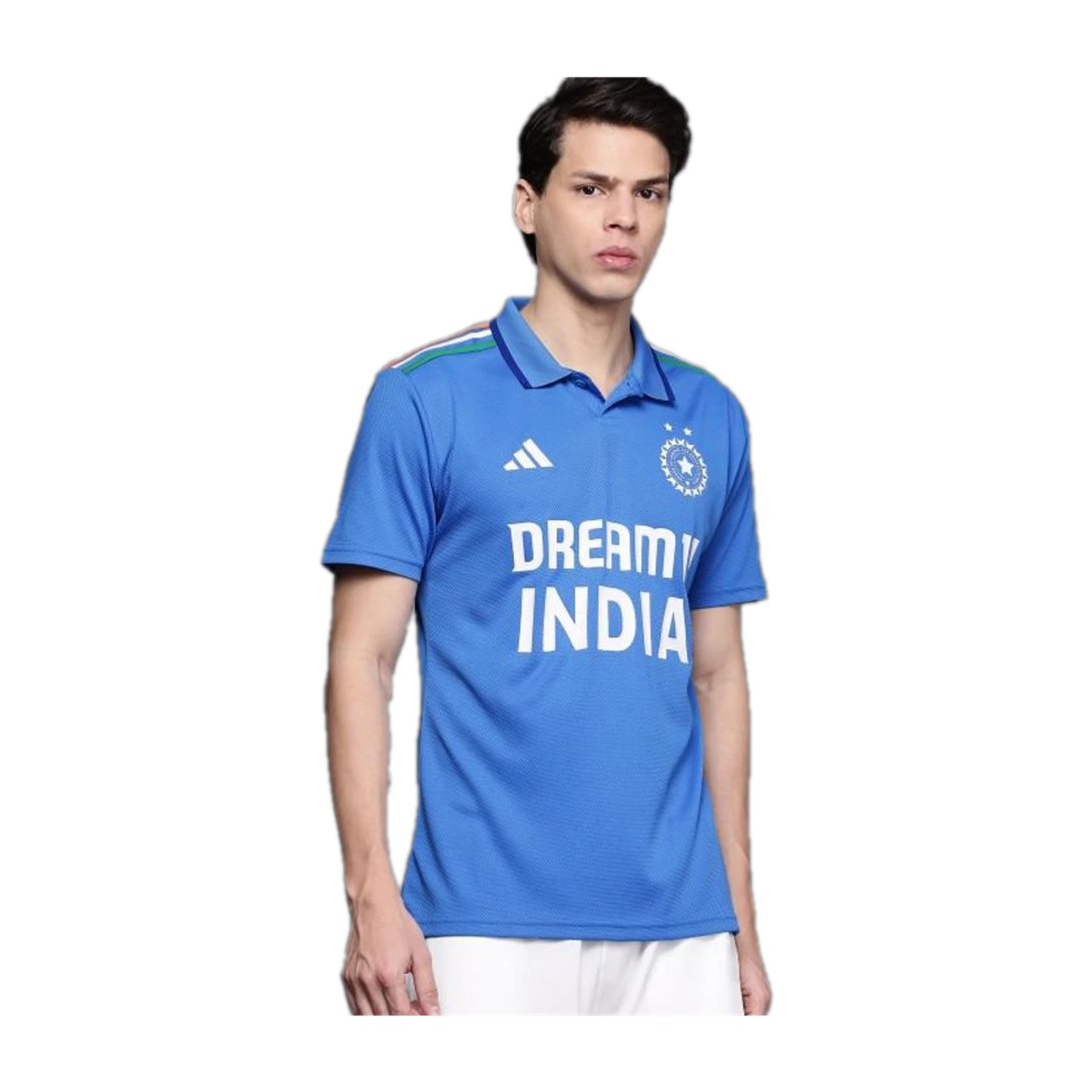 ADIDAS India Cricket ODI Fan Jersey Men Printed Polo Neck Polyester Blue T-Shirt