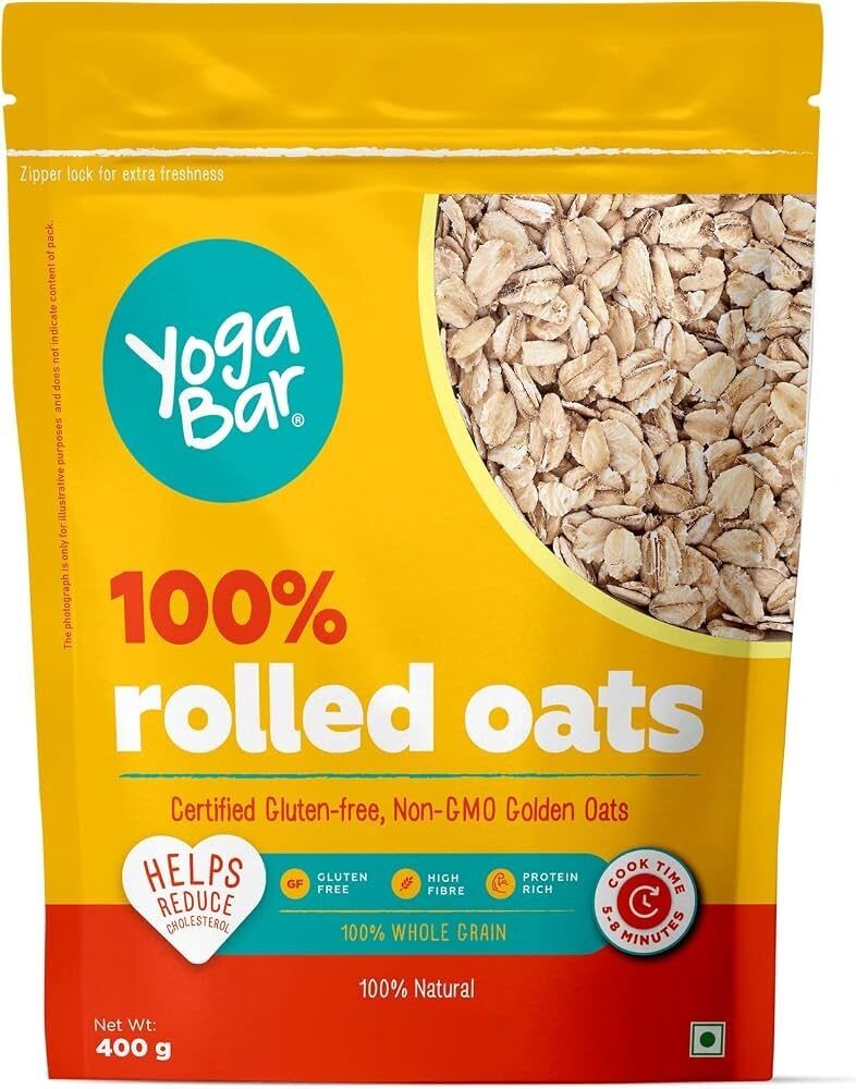 Yogabar 100% Rolled Plain Oats 400G | Premium Golden 