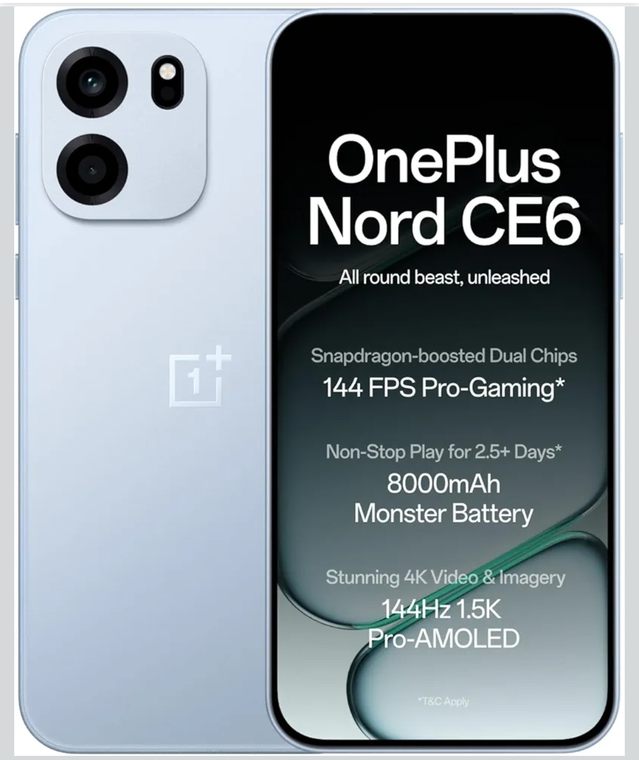 OnePlus Nord CE6 | 8GB+128GB | Fresh Blue | Snapdragon 7s Gen 4 | Segment's Fastest Touch Response | 8000mAh Battery | 144Hz 1.5K AMOLED Display | 50MP Main + 32MP Selfie 4K Cameras | IP66,68,69,69K