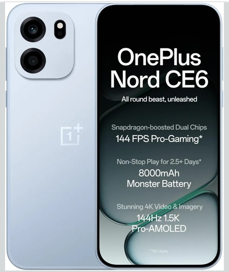 OnePlus Nord CE6 | 8GB+128GB | Fresh Blue | Snapdragon 7s Gen 4 | Segment's Fastest Touch Response | 8000mAh Battery | 144Hz 1.5K AMOLED Display | 50MP Main + 32MP Selfie 4K Cameras | IP66,68,69,69K