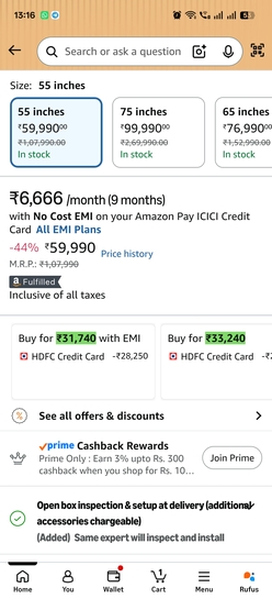 TCL 55 inch 55Q6C QD Mini LED Rs.31,740