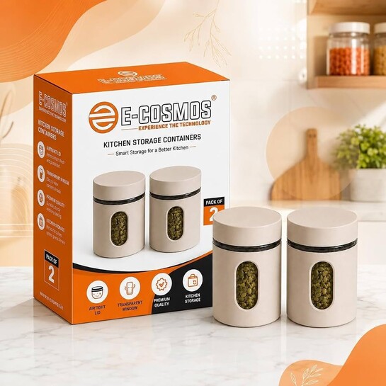 E-COSMOS® 500 ml Plastic Kitchen Storage Container Pack of 2 - Airtight Oval Container with Clear Window for Snacks, Tea, Coffee & Dry Fruits (Multicolor) (Pack Of 2, 500, Milliliters)