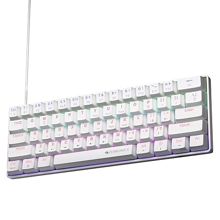 Zebronics Mechanical Keyboard, Silent Linear Red Switches, 61 Keys Layout, 26 Key Anti Ghosting, Double Shot Keycaps, 17 LED Modes, Media Controls, 1.5m Cable (Max Ninja 61, White)