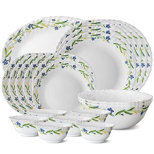 Larah by Borosil Cripper Fluted Series Opalware Dinnerset | 21 Pieces for Family of 6,White