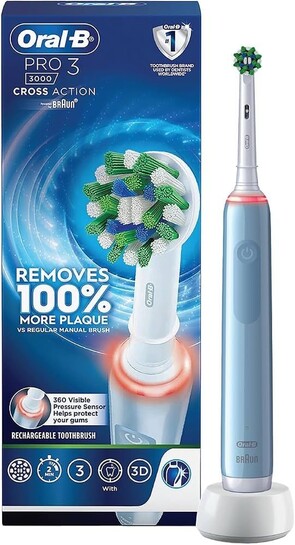 Oral-B Pro 3 Rechargeable Rotating Electric Toothbrush for Adults, 3 Cleaning Modes with Pressure Sensor, 2 Min Timer with Quadpacer, 2 Year Warranty by Oral B, IPX7 Water Resistant, Round Brush Head