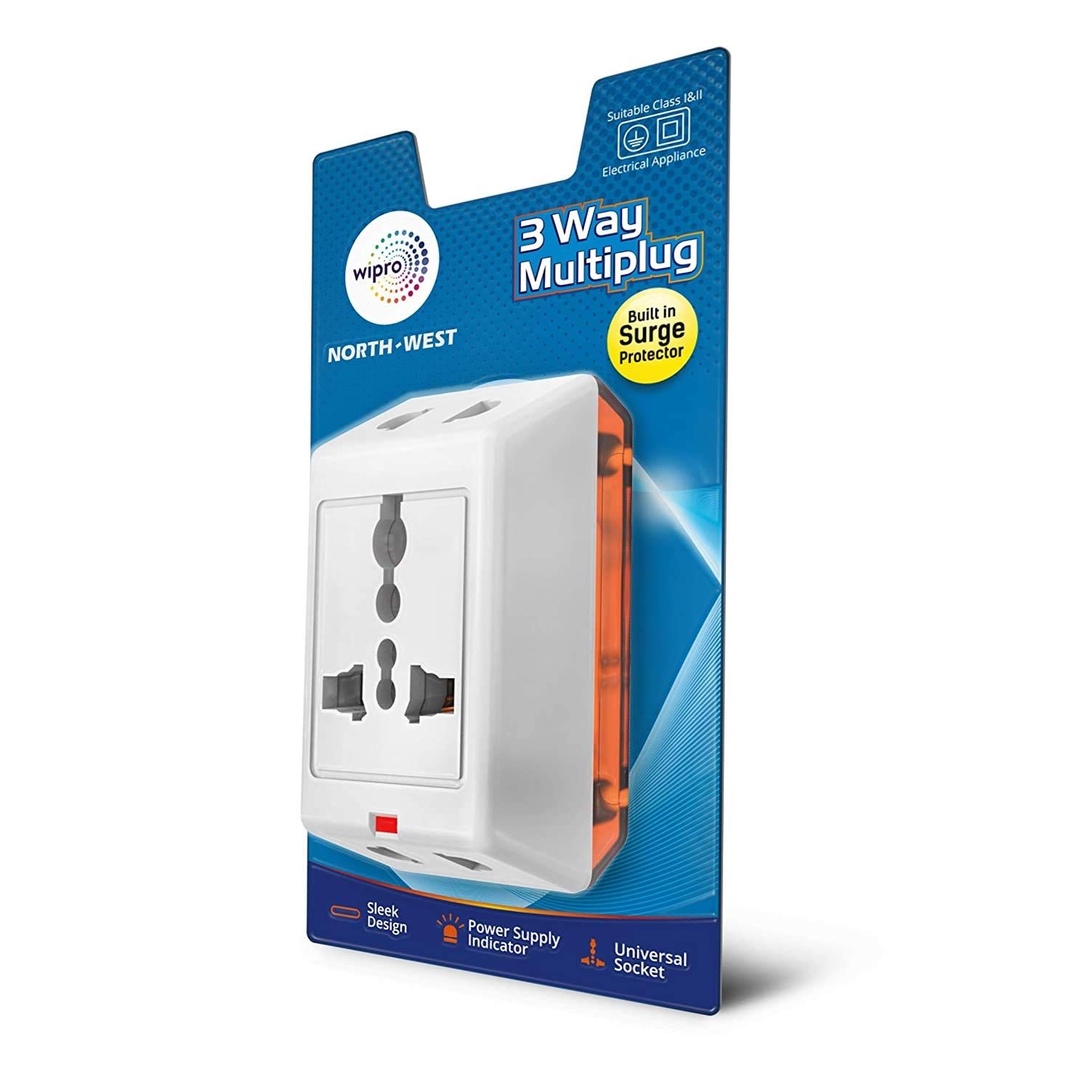 Wipro 3 Way Multiplug Adaptor | Surge Protection | 6Amp | Universal Socket | White | Pack of 1