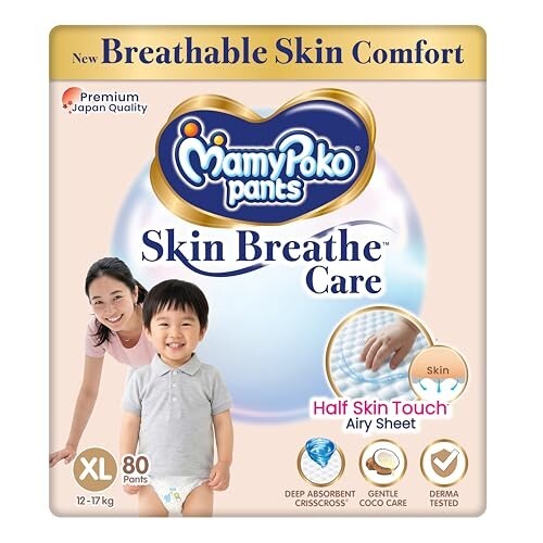 MamyPoko Pants Skin Breathe Care | Baby Diapers Extra Large Size (XL) | 80 Count [Apply 20% Coupon]