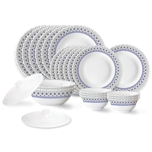 Larah by Borosil Ocean Fluted Series Opalware Dinner Set | 23 Pieces for Family of 6