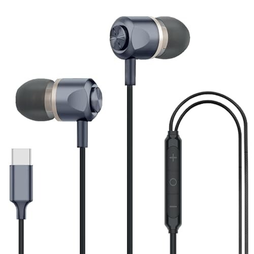 Kratos Tune V7 C Type Earphones Wired, Deep Bass Drivers Earphone with Volume Control,Metallic C pin Earphones (Grey)