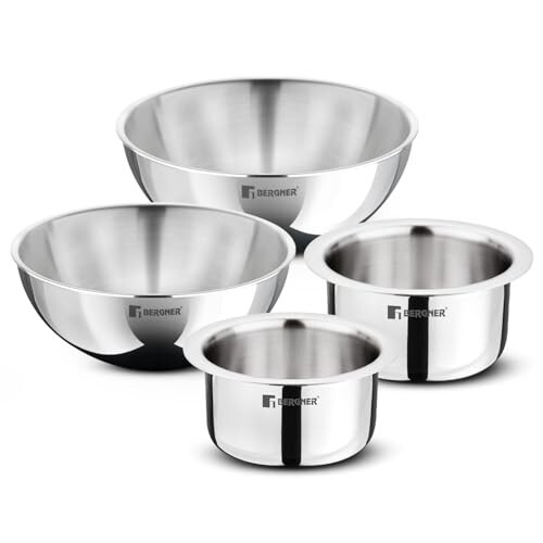 Bergner TriPro Tri-Ply Stainless Steel 4 Pcs Cookware Combo Set of 14cm (1.3L) 16cm (1.9L) Topes and 20cm (2L) 22cm (2.5L) - Induction and Gas Stove Ready