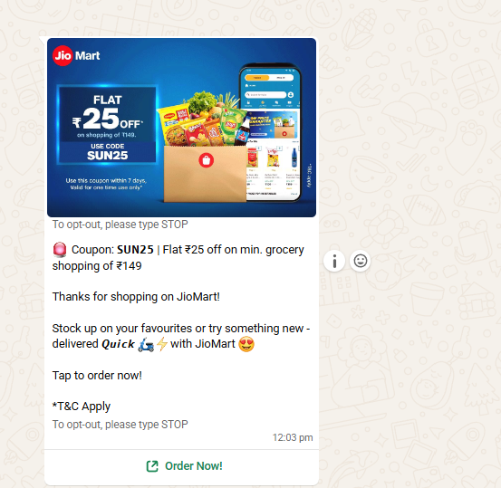 JIOMART new coupon code   Flat ₹25 off on min. grocery shopping of ₹149
