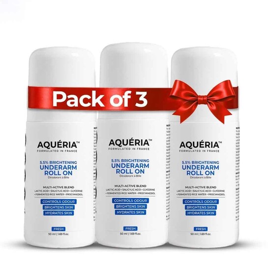 Aqueria Pack of 3 Underarm Brightening Roll-On for Men & Women | Lactic Acid, Fermented Rice Water & Glycerine | Helps Reduce Dark Underarms, Pigmentation & Uneven Skin Tone | Controls Body Odour | Fresh Fragrance | (5