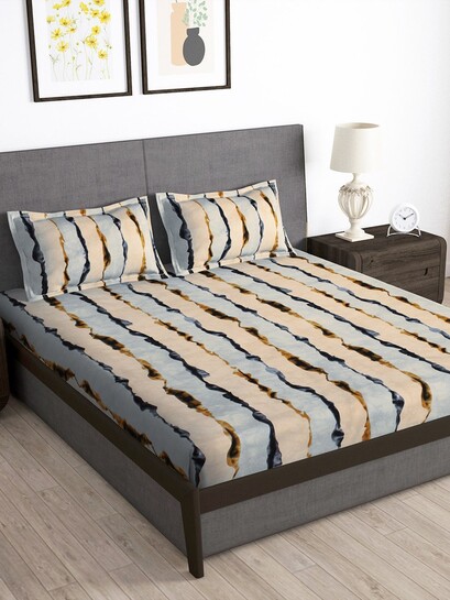 Story@home Beige Striped Polycotton 160 TC Queen Bedsheet 