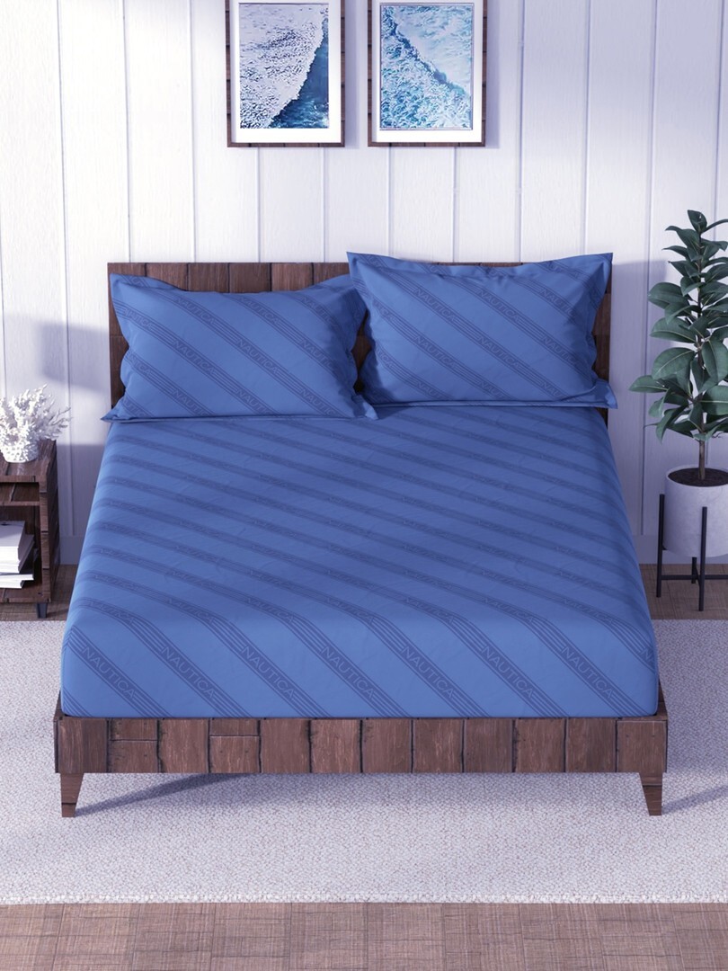 Buy Nautica Navy Blue Striped Pure Cotton 160 TC Fitted King Bedsheet With 2 Pillow Covers 108 X 108 Inches - Bedsheets for Unisex 30715020 | Myntra