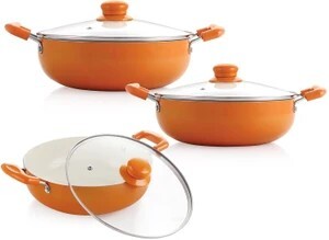 NIRLON Ceramic Coated Aluminum Kadai with Glass Lid 3pcs 