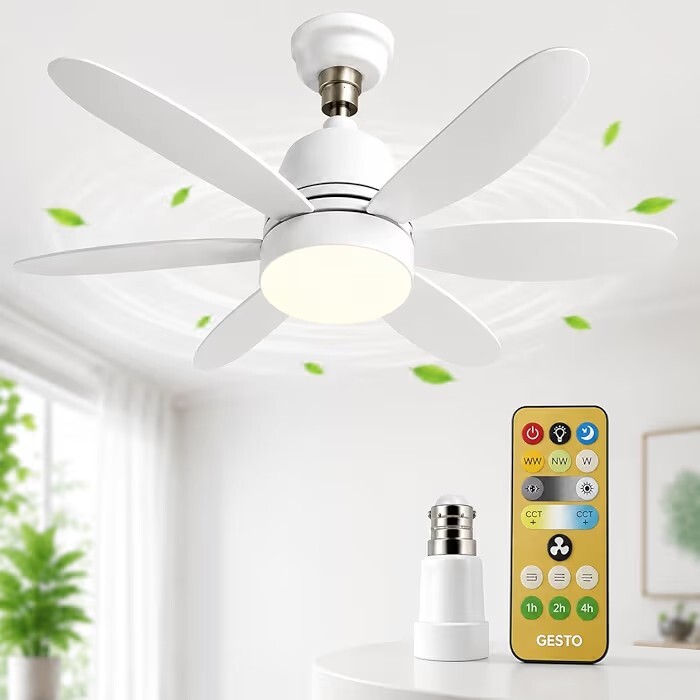 Gesto B22 Socket Fan with LED Light & Remote, Mini Ceiling Fan with 3 Speed & 3 Color Dimmable Light
