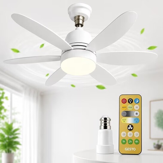 Gesto B22 Socket Fan with LED Light & Remote, Mini Ceiling Fan with 3 Speed & 3 Color Dimmable Light