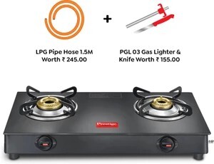 Prestige Atlas Plus Toughened Glass top with Lighter Knife and Hose Pipe Glass Manual Gas Stove (2 Burners)