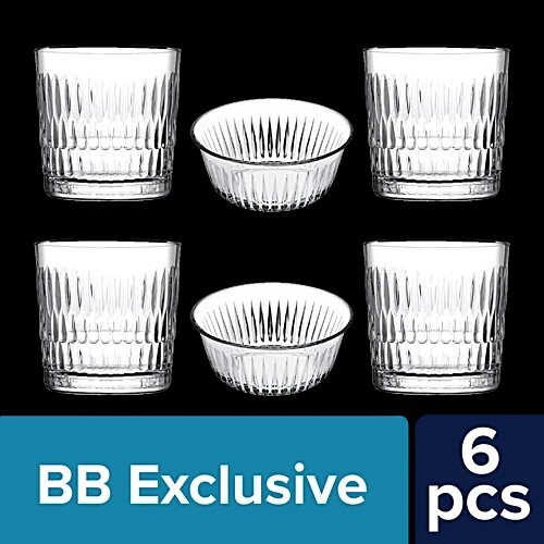 Pasabahce Sip & Savour Rain Party Set, 6 pcs (Whisky Glass - 4 x 300 ml + Bowl - 2 x 175 ml)