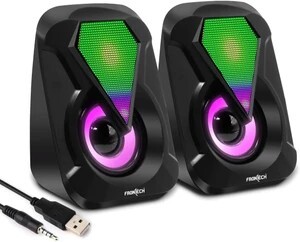 Frontech SPK-0004, 2.0 USB Speakers with AUX | 2 x 3W Drivers | RGB Lights 6 W Laptop/Desktop Speaker (Black, 2.0 Channel)