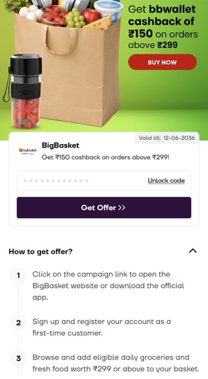 Navi- Bigbasket 150 back on 299rs order (user specific)first order only