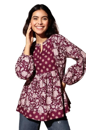 THE DRY STATE Women's Floral Peplum Tunic with Contrast Yoke Panel at Front