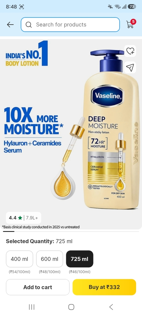 Vaseline Deep Moisture Body Lotion (725 ml) at ₹332 (MRP ₹949) | 65% OFF