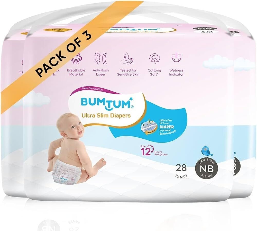 Bumtum Ultra Slim New Born Baby Diaper Pants, 84 Count, For Sensitive Skin, 12 Hrs Protection,Cottony Soft Anti-Rash Layer, Wetness Indicator (Pack of 3)