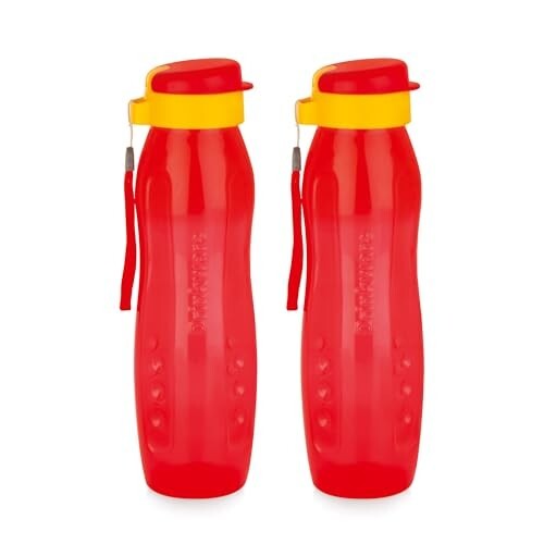 ATTRO Plastic Drinkware 1Liters BPA-Free Water Bottle with Leak-Proof Flip-Top Cap, Nylon Strap and Stylish Color for Daily Hydration Set of 2- Red