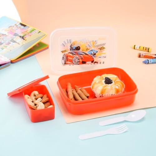 Nayasa Ninja 2 Compartment BPA-Free Plastic Lunch Box for Kids Boys | Cars Print | Leak Proof Push Lock | Red